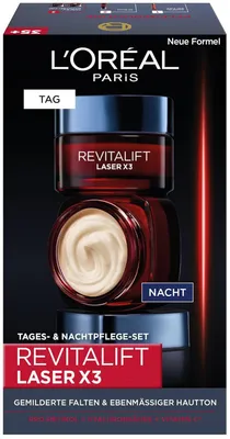 Produktbild von L'Oréal Paris Gesichtspflege Set, Revitalift Laser X3, Anti-Aging Tagespflege und Nachtpflege mit 3-fach Wirkung, Mit Hyaluronsäure, 2 x 50 ml
