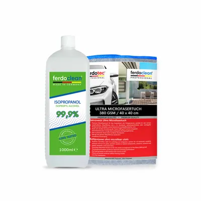 Produktbild von ferdoclean Isopropanol 99,9% 1L Isopropylalkohol (IPA) 2-Propanol + Microfasertuch 380GSM 40 x 40 cm blauer Rand