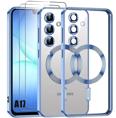 Image de Coque + 2 Verres Trempés pour Samsung Galaxy A17 4G/5G, avec Cercle Magnétique Protection Caméra - Bleu