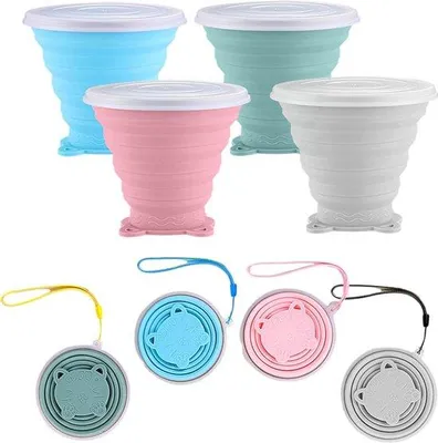 Produktbild von Unyqoos® 4er-Set faltbare Silikonbecher 250 ml, BPA-frei, mit Edelstahlrand und Kunststoffdeckel – wiederverwendbarer Reise- & Campingbecher