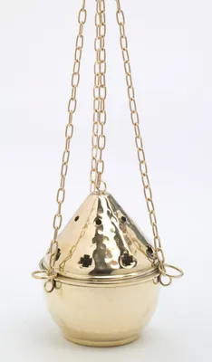 Produktbild von Weihrauchfass mit Kette zum Hängen aus Messing Gold poliert Höhe 14 cm mit Innenschale aus Stahl für die Räucherkohle