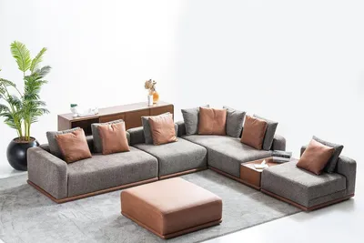 Produktbild von Designer Graue L-Form Couch Wohnzimmer Eck Wohnlandschaft Hocker 2tlg