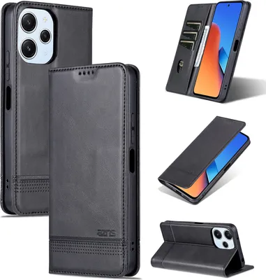 Produktbild von Leder Hülle für Xiaomi Redmi 12 4G, Klapphüllen Brieftasche Magnetverschluss Ständer Schutzhülle Schwarz