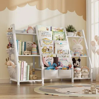 Produktbild von Unyqoos® Kinderbuchregal & Spielzeugaufbewahrung für Kinder, 6 offene Fächer + 3 stoffbezogene Aufbewahrungsfächer, Holz/Metall, 96 x 75 cm
