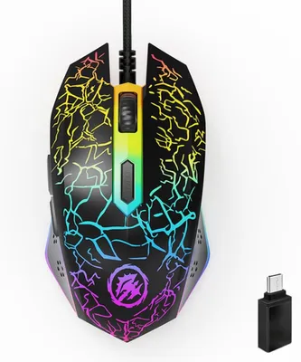 Zdjęcie produktu dla Przewodowa mysz gamingowa RGB z podświetleniem, USB, regulacja DPI 800-1200-1600, ergonomiczna, 6 przycisków, antypoślizgowe gumowe kółko, kompatybilna z komputerami PC, laptopami i Mac
