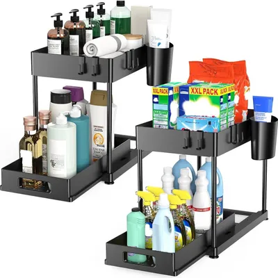 Produktbild von Ablageregal Arbeitsplatte Badezimmer Schubladen Küchen Organizer Regal 2 Ebenen Multifunktionales Spülschrankregal mit Ausziehbare Schublade, 2-tlg.