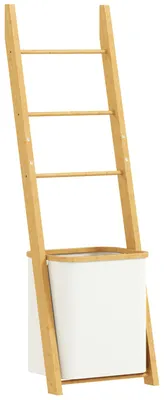 Produktbild von Badregal, 2-in-1 Badezimmerregal mit 3 Stangen, abnehmbarer 48L-Wäschekorb, Bambus, 43 x 35 x 133 cm, Cremeweiß