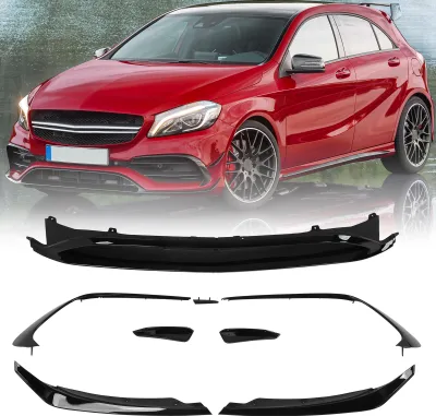 Produktbild von Glänzend schwarzer Aero-Splitter-Lippensatz für die vordere Stoßstange, Ersatz für Mercedes-Benz A-Klasse W176 AMGLine A45 2015–2018
