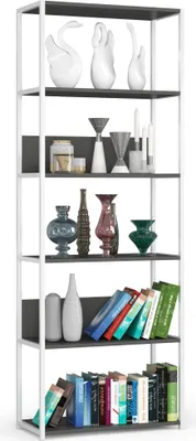 Produktbild von Bücherregal AKORD Metallregal mit Ebenen aus Holzwerkstoff Weiß Breite 70 cm 6 Ebenen Grau B70 x H192 x T32 cm