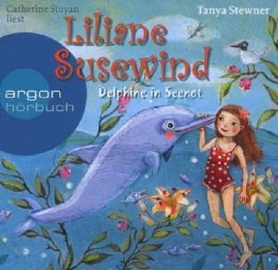 A children's book cover illustration featuring a girl and a dolphin underwater with plants and fish.