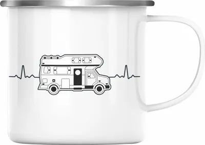 Produktbild von Trendation - Wohnwagen Camper Emaille Tasse Geschenke Wohnmobil für Männer Campingwagen Geschenkidee Zubehör Camping Opa Oma Rentner Herzschlag Lustig (Silber)