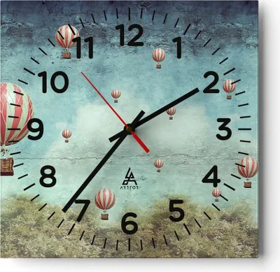 Produktbild von Wanduhr - Quadrat - Glasuhr - Baloons Phantasie Illustration Fantasie - 30x30cm - Schleichendes Uhrwerk - Lautlos - zum Aufhängen bereit - Dekoration Modern - Wanddekoration aus Glas - C4AC30x30-3065