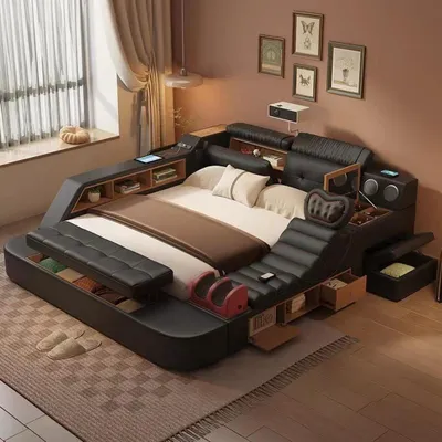 Produktbild von Multifunktionales Bett Moderner Stil Schwarz Holzrahmen Weich Bequem