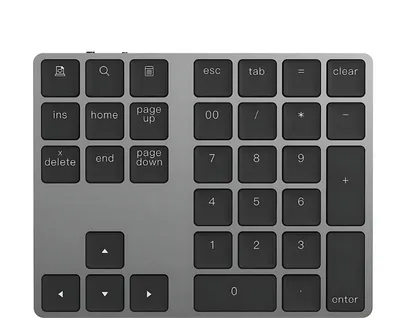 A close-up, top-down view of a wireless numeric keypad on a white background.