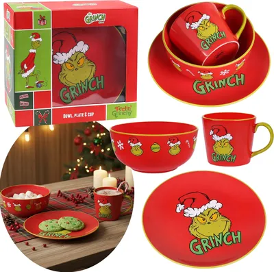 Obrázek produktu pro Grinch Vánoční sada nádobí – hrnek, talíř, mísa, červená snídaňová sada