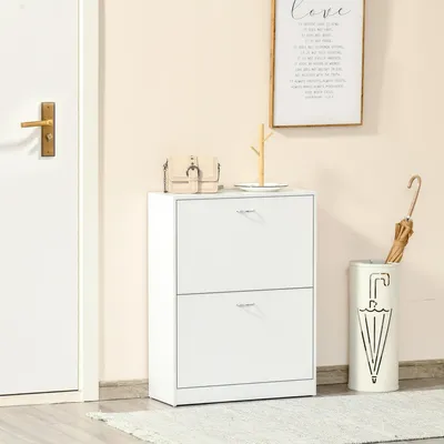 Produktbild von Sweiko Schuhkipper Schuhschrank Schuhständer Schuhregal mit 2 Klappen 10–12 Paar Spannplatte Weiß 60 x 24 x 80 cm