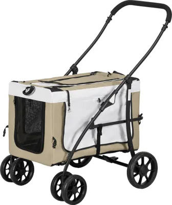 Produktbild von Hundewagen mit abnehmbarem Korb, Hundebuggy klappbar, Haustierbuggy Polyester-Stahl, Khaki  |  EVA-Räder & Hinterbremsen  |  bis 15 kg  |  81 x 58 x 97,5 cm
