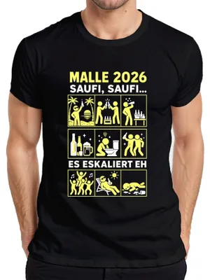 Productafbeelding van Malle 2026 Saufi Saufi T-shirt voor heren, met het thema "Mallorca Party Ballermann", zwart, maat XL