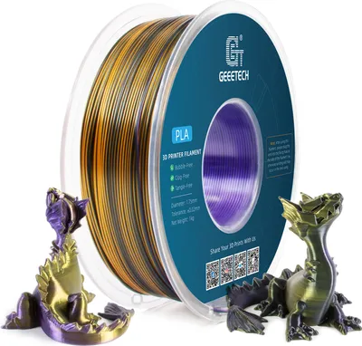 Produktbild von Geeetech PLA filament Silk Tri-Color pre 3D tlačiarne, 1,75 mm, presnosť rozmerov +/- 0,03 mm, cievka s 3D tlačovým materiálom pre väčšinu FDM 3D tlačiarní, 1 kg (fialová + zlatá + čierna)