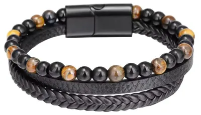 Produktbild von Herren Armband 3 Strang Leder mit Tigeraugenperlen, schwarz, 20x2cm