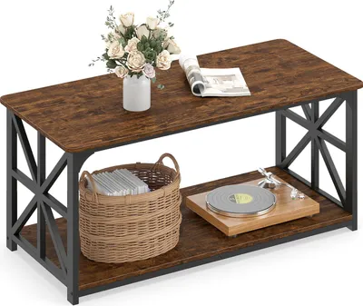 Produktbild von COSTWAY Couchtisch, industrieller Bauernhaus-Akzenttisch mit offenem Ablagefach, 2-stufiger rechteckiger Kaffeetisch mit Metallrahmen, 109x50x48 cm