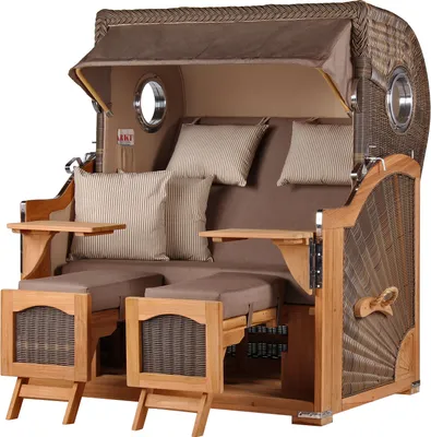 Produktbild von Strandkorb - bene living - Ammersee Grande XL Teak Bullauge - PE grau - Modell 534 - 2,5-Sitzer inkl. Liftersystem