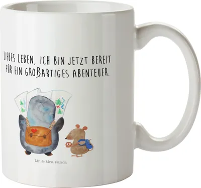 Produktbild von Mr. & Mrs. Panda Kinderbecher Pinguin & Maus Wanderer - Weiß - Geschenk, Abenteuer, Wandern, Mehrwegbecher, Pott, Kindertasse, Plastikbecher, Trinklernbecher