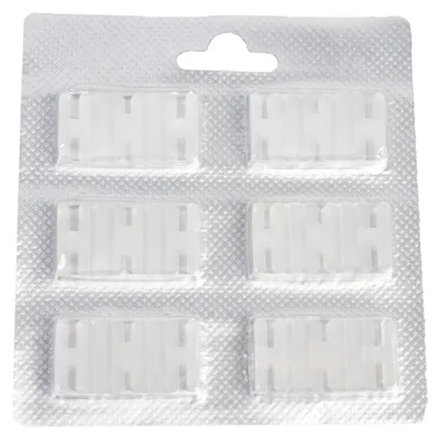 A product shot of six white scent chips in a clear plastic blister pack, with a hanging tab at the top.