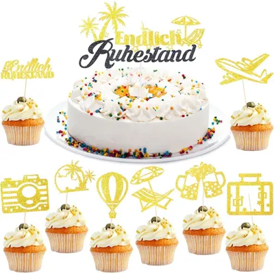Produktbild von Ruhestand Deko Cake Topper Rente Cupcake Kuchendeko Gold Glitzer 25 Stück