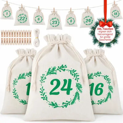 Adventskalender zum Befüllen, 24 Stoffbeutel, 2 Größen, wiederverwendbar