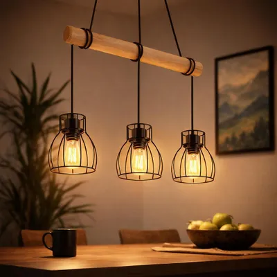 Zdjęcie produktu dla Lampa wisząca LED, z regulacją wysokości, drewniana belka, kratka, długość 50 cm