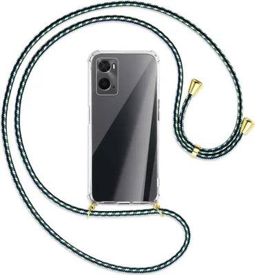 Produktbild von Handykette Backcover-Schutzhülle mit Band (Metall goldfarben) für Oppo A76 - grün/blau/weiß