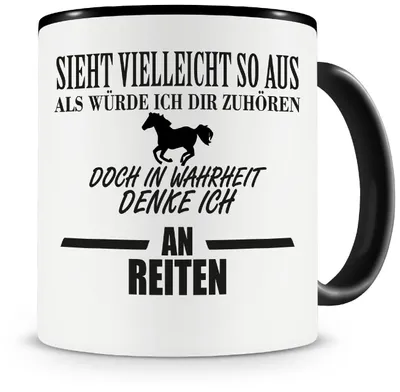 Productafbeelding van Koffiemok - Met afbeelding: "Ik denk aan paardrijden" - Geschikt voor koffie en thee - 300 ml - Zwart