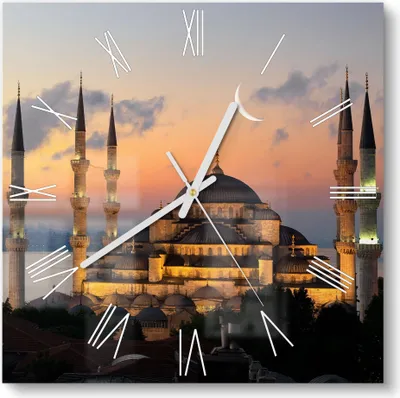 Produktbild von DEQORI Glasuhr 30x30 cm Römisch 'Mondsichel über Moschee' Wanduhr Glas Uhr Design leise