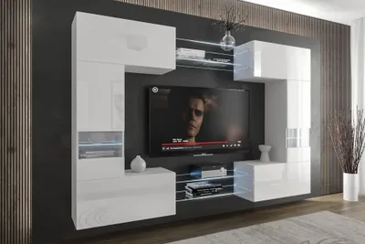 Produktbild von Furnitech Wohnwand Wohnzimmer | Wohnzimmer Möbel mit LED RGB - 16 Farben | Hängend Wohnwand Modern | Wohnzimmer Schrankwand mit Regale und TV Schrank (C29N-21W-HG2-1B)