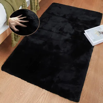 Zdjęcie produktu dla Miękki dywan z sztucznego futra, 60x90 cm, czarny, puszysty, można prać, prostokątny