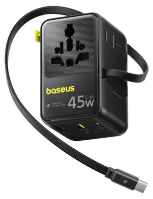 Zdjęcie produktu dla Adapter podróżny / ładowarka sieciowa Baseus PicoGo AG11, 45W, 6-w-1, kompatybilna z gniazdami EU/UK/US/AU/JP/CN + kabel, kolor czarny