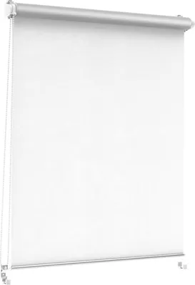 A white roller blind with a silver top bar and bottom bar, shown hanging and partially unrolled, with a silver pull chain on the left.