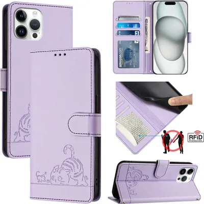 Produktbild von Leder Hülle für iPhone 12 Pro Max Süße Katze Flip Case Brieftasche Schutzhülle mit Standfunktion Lila
