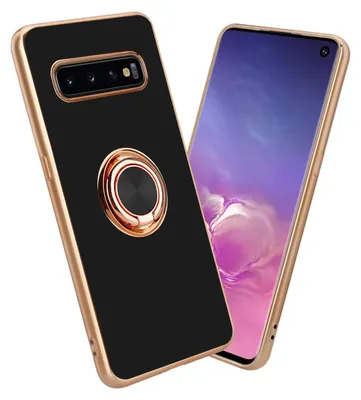 A black phone case with a gold ring is shown next to a smartphone.