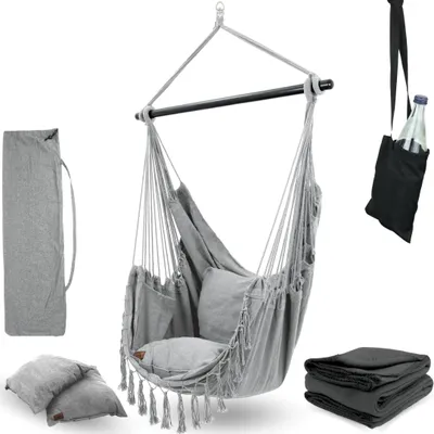 Image de Fauteuil suspendu avec 2 coussins et porte-gobelet, couleur gris clair