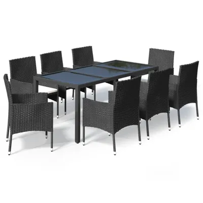 Produktbild von 9-tlg. Garten-Essgruppe mit Kissen Schwarz Poly Rattan