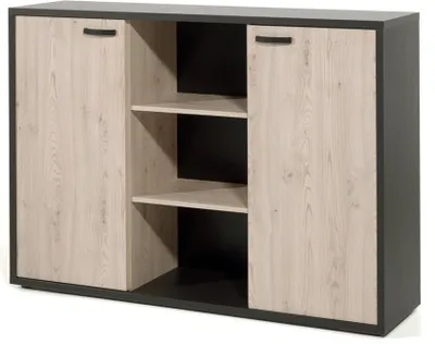 Image de Armoire de bureau basse à 2 portes et étagères, en chêne clair et noir