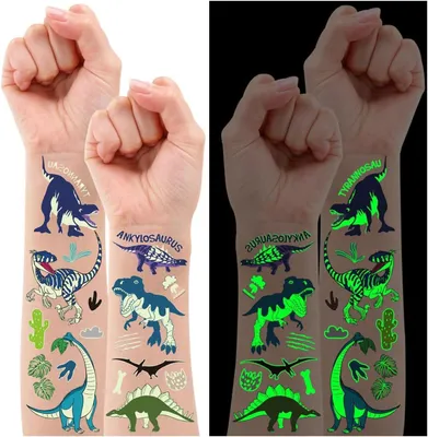 Immagine prodotto di Tatuaggi temporanei a tema dinosauri per bambini - 160 pezzi - Tatuaggi luminosi per bambini - Adesivi a tema dinosauri per ragazzi dai 5 ai 9 anni - Dinosauri - Giocattoli