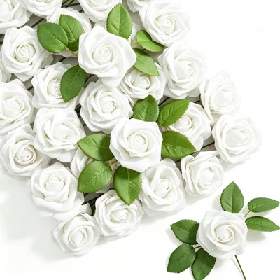 Imagen del producto de Flores artificiales, rosas, color blanco, paquete de 30 unidades