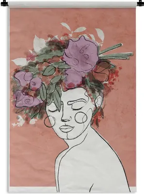 Produktbild von MuchoWow® Wandteppich Wandbehang Porträt - Frau - Blumen - Pastell 120x180 cm Tapisserie Dekoration Wandtuch - Schlafzimmer - Dekorationen für das Haus