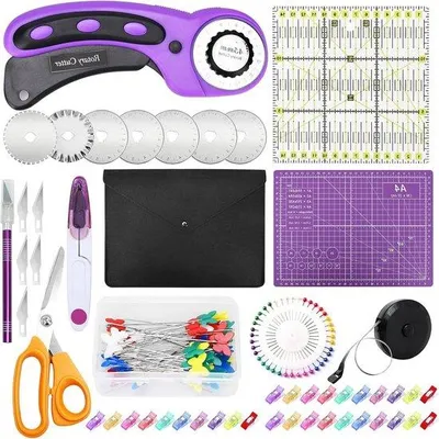 Produktbild von Famanu Rollschneider Set mit Schneidematte - Patchwork-Lineal und Stoffklemmen