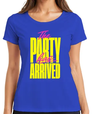 Obrázek produktu pro Tričko s nápisem "Party Has Arrived" (Párty začala), veselejší nápis, neonové barvy, styl 80. a 90. let, dámské tričko, modrá barva, velikost XXL