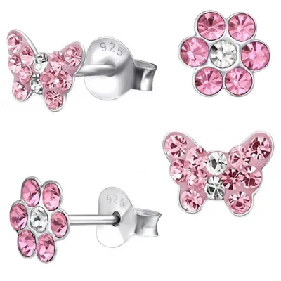 Kinder Ohrringe Set – Rosa Schmetterling & Blume Ohrstecker für kleine Mädchen