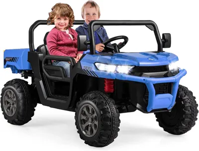 Immagine prodotto di COSTWAY Auto elettrica a 2 posti con pianale di carico automatico, camioncino ribaltabile per bambini 12V 3-8km/h con musica clacson fari telecomando e pala Blu